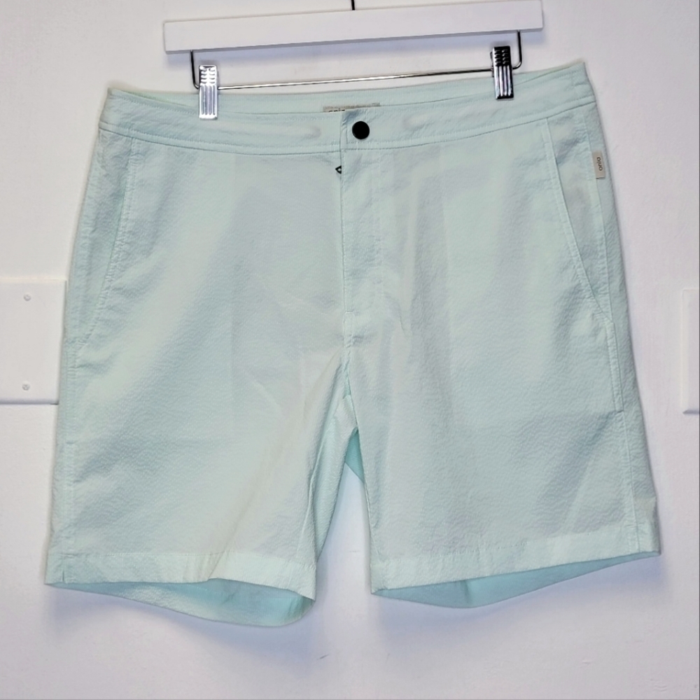 Onia Calder 7.5" Lined Swim Shorts In Mint and White Stripe ‎ Size 34